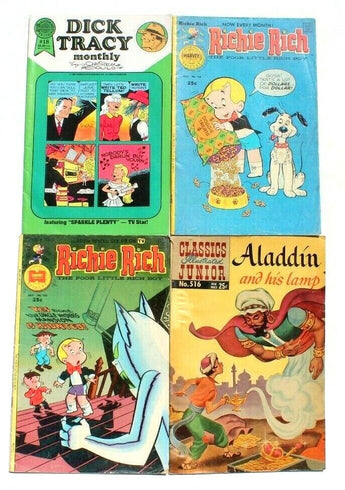 Vtg Lot of 4 1960s - 1980s Comic Books - Rickie Rich / Dick Tracy / Aladdin
