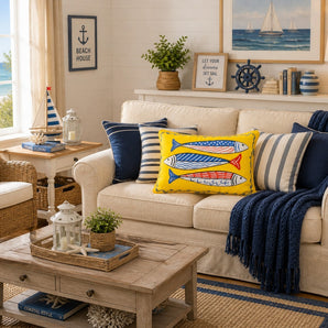 New Summer Nautical Beach Nautica Indoor Outdoor Sardies Room Throw Pillow