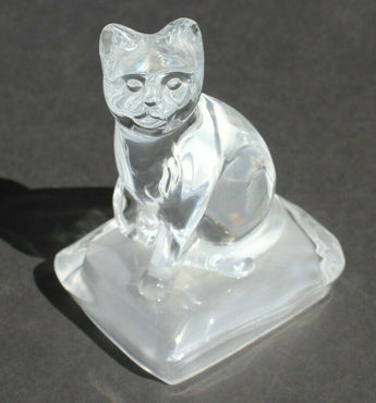 Vintage Glass Sitting Cat Clear Crystal Figurine Curious W/ Base Statue