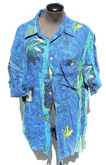 Vtg Mens 1989s Jupiter Hawaiian Aztec Safari Shirt Short Beach Sleeve 124/4