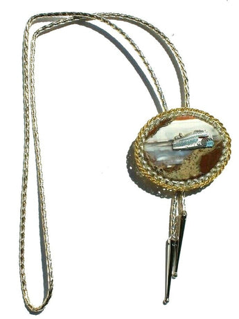 Vtg Gemstone (Agate Stone Geode) Cowboy Western Bolo Tie Rodeo Fairy Boat #20