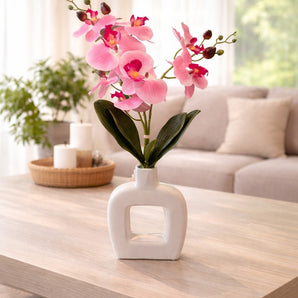 New Faux Orchid Arrangement Pink Artificial Flowers White Vase Modern Decor