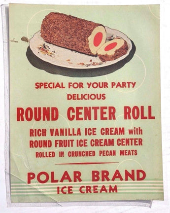 Vtg Round Center Roll Ice Cream Polar Advertising Sign / Poster / Lithograph