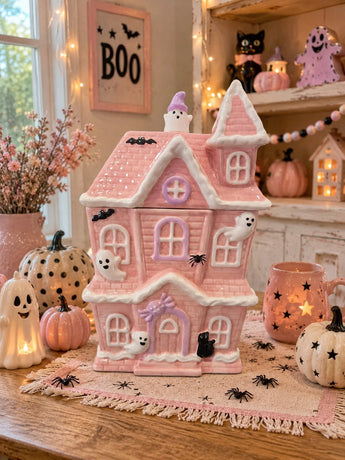 New Pastel Pink Haunted House Ghost Black Cat Spooky Kitchen Cookie Jar