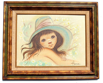 Rare Vtg OIL PAINTING ABSTRACT MODERNISM Retro Little Girl In Hat Signed Heston