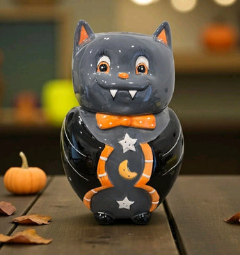 New Halloween Spooky Ceramic Vampire Bat In Suite Cookie Jar Decorative