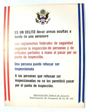 Vtg 1974 US Dept.Transportation Federal Aviation Administration Weapons Sign