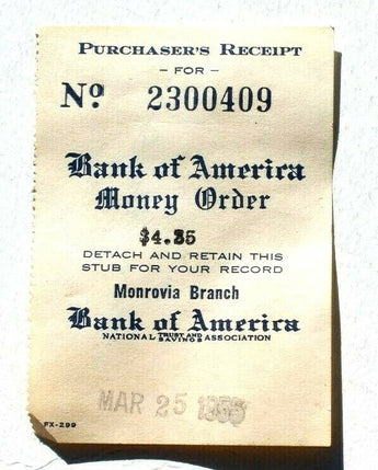 RARE Vintage 1955 Bank Of America Money Order Receipt Monrovia Branch CA