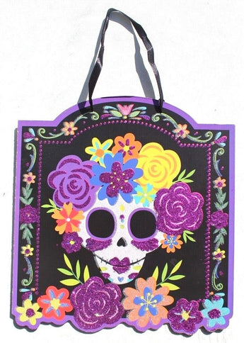 Girl Sugar Skull Day of the Dead Wall Hanging Sign Colorful Flowers Glitter New