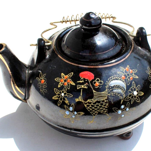 Vintage Black Rooster / Hen Handpainted Japanese Style Tea Pot