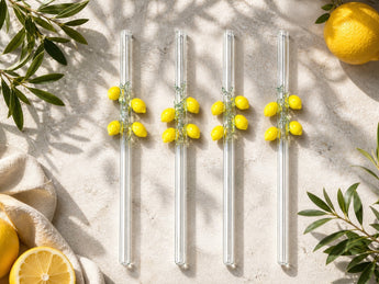 New 4 Pack Glass Summer Yellow Lemons Decorative Thick Reusable Glass Straws