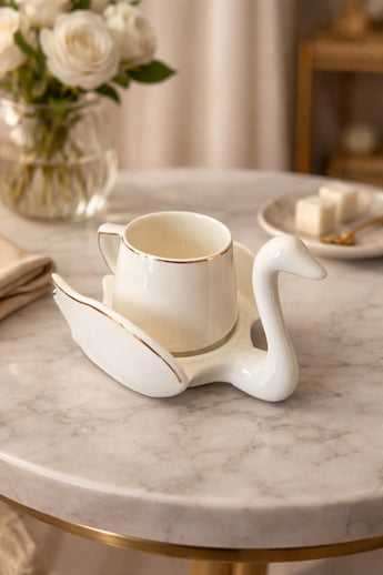 New White W/ Gold Rim Swan Shaped Expresso Cup Beverage Coffee