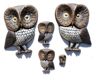 Lot 5 Vtg MCM 17" Tall Big Eyes Barn Owl Family Wall Hanging Birds Plaques Art