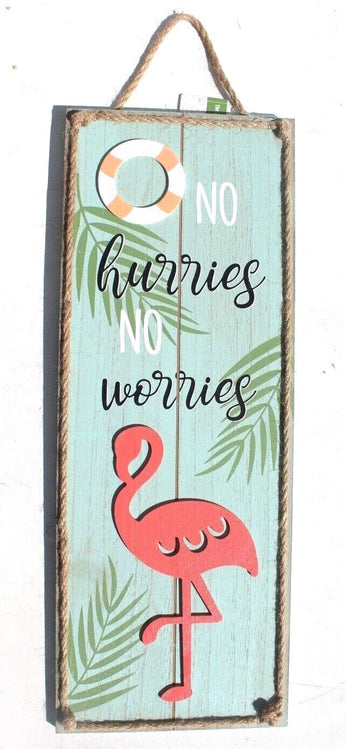 No Hurries No Worries Pink Flamingo Wood Sign Nautical Rope Beach House Cottage