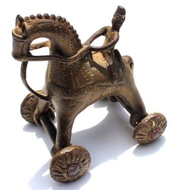 Vtg Antique Solid Brass INDIA TEMPLE TOY Rolling HORSE on WHEELS Trojan Figurine