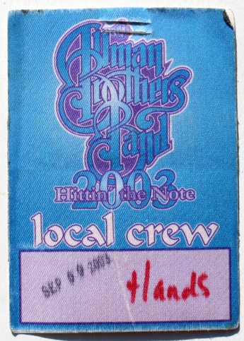 Vtg All Access Backstage Working CREW Pass VIP Sticker 2003 Allman Brothers Band