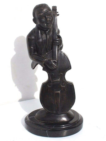 Vtg Cast Iron Metal Man Playing Bass W/ Marble Base Abstract Sculpture Figurine