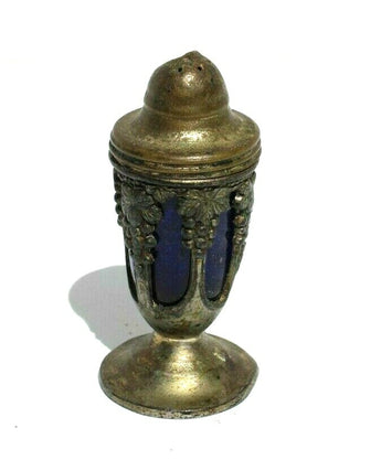 Antique Vtg Cobalt Blue Glass Salt Shaker Silver Grape Vines Filigree Sleeve