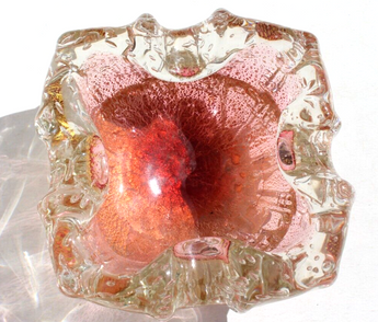 Vtg MID CENTURY Retro Orange Art Glass Metallic Bubbles Color Dish Ashtray