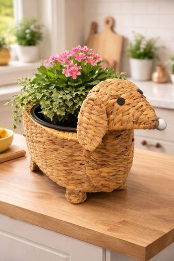 New Shabby Chic Large Indoor Adorable Woven Dog Planter Flower Pot Room Decor