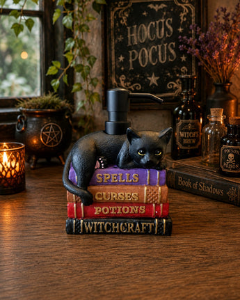 New Black Cat Sitting On Spells Books Halloween Soap Dispenser Spooky Kitchen