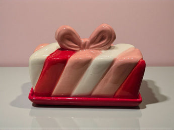 New Christmas Holiday Peppermint Twist W/ Bow Pink / Red Holiday Butter Dish