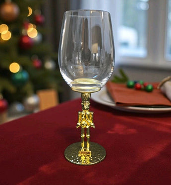 New Christmas Holiday Party Gold Stem Drummer Boy Red / White Wine Glass Cup