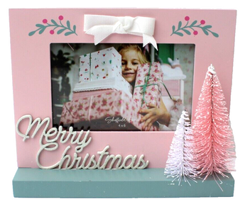 New Pink Wood Merry Christmas 4" X 6" Photo Frame Room Decor Holiday W/ Trees