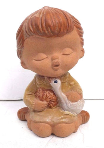 Vintage HANKYU Japan GLAZED Terracotta Pottery "LITTLE BOY WITH GOOSE" Figurine