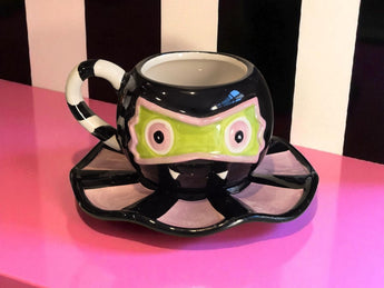 New Halloween Circus Pink / Green Cat W/ Bat Mask Coffee Tea Cup W/ Saucer