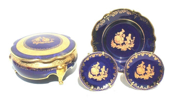 Vintage LIMOGES VERITABLE BLEU de FOUR, TRINKET BOX & 3 Plates