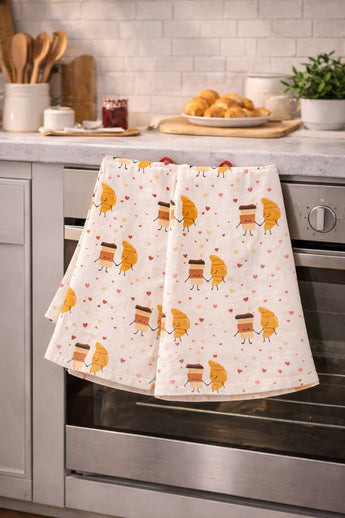 New Set 2 Valentines Day Love Croissant & Coffee Holding Hands Kitchen Towels