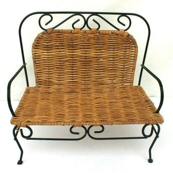 Vintage Black Metal Wicker Country Shabby Chic Dollhouse Doll Bench Furniture