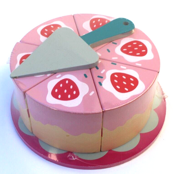 New Lrg Wood Kids Pretend Play Food Toy - Strawberry Cake Dessert Set Fun Server