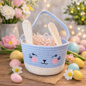 New Farmhouse Woven Blue / White Bunny Easter Gift Basket W/ Ears Kids Boy