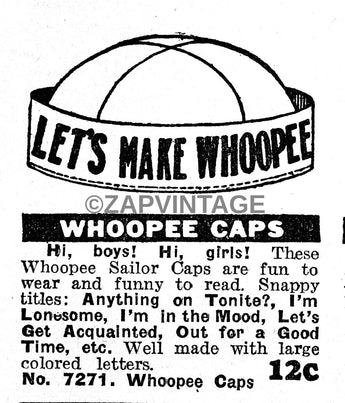 Vintage 1930s B&W WHOOPEE CAPS Hat 12 Cents Advertisement Ad Photo #2825