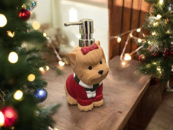 New Christmas Holiday Yorike Dog In Red Sweater W/ Bow Soap Dispenser Decoration