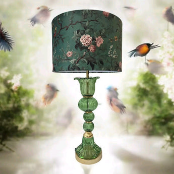 New Green Glass / Gold Metal Table Lamp Fairy Tale Fantasy Birds Plants
