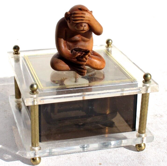 RARE Vintage Peek-A-Boo Monkey Lucite Music Box Made In Hong Kong