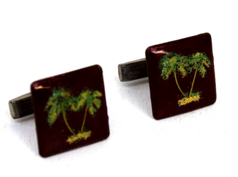 Vintage Gold Frame Retro Art Deco MCM Brown Palm Tree Men's Cuff Links