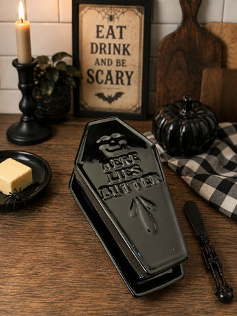 New Ceramic Black Halloween Spooky Coffin HERE LIES BUTTER Kitchen Butter Dish