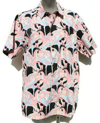 Mens Pink Flamingo Casual Button Up Short Sleeve Collard Shirt Medium