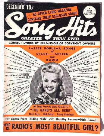 Vintage DECEMBER 1943 SONG HITS Lyrics Magazine (Alice Faye, Phil Baker)