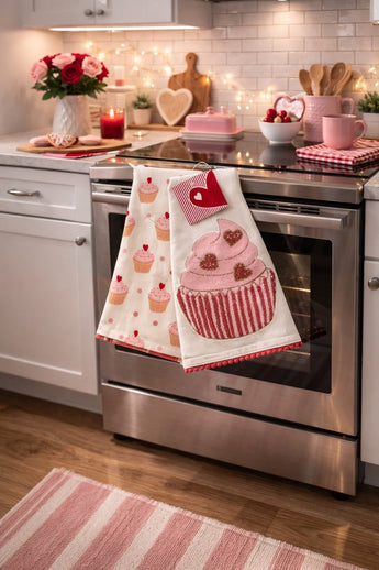 New Set 2 Valentines Day Love Pink Beaded W/ Fringe Cupcake Kitchen Towels