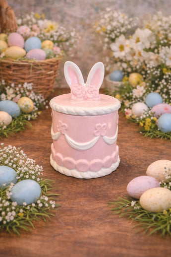 New Holiday Pink Ceramic Easter Bunny Cake Kitsch Cookie Jar Kitchen Canister