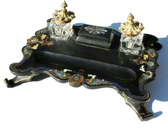 1800s Antique Victorian Papier Mache Inkwell Desk Stand Pen Tray Pearl Inlays