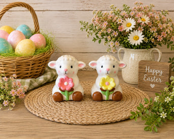 New Easter Sheep Lamb Holding Flowers Salt & Pepper Shakers Salt N Pepper