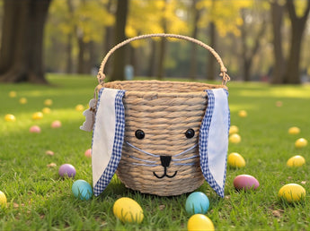 New Large Farmhouse Woven Rattan Blue Bunny Easter Basket W/ Ears Kids Boy