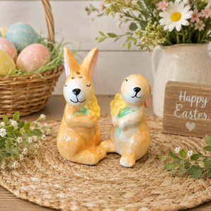 New Easter Bunny Couple Holding Flowers Salt & Pepper Shakers Salt N Pepper