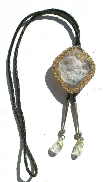 Vtg Gemstone (Agate Stone Geode Crystal) Cowboy Western Bolo Tie Rodeo #1